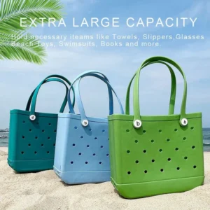 EVA beach tote bag standing upright on its own in the sand — BlankifyCraft tip-proof weighted base in action
