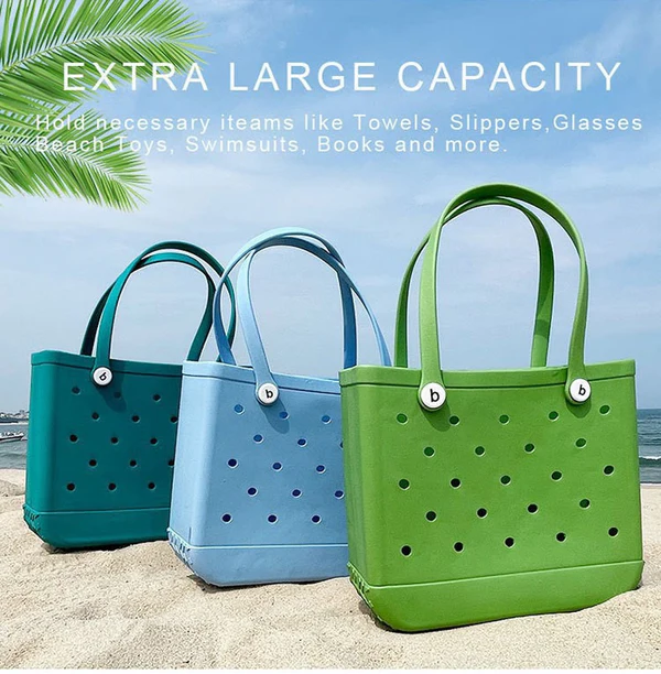 Perforated EVA beach bag design that lets sand fall through easily