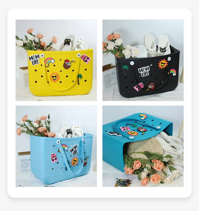BlankifyCraft EVA beach tote bag opened to show everything that fits — towels toys drinks books and more
