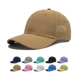 BlankifyCraft sublimation blank 6-panel baseball cap in white with laser-cut mesh side panels showing flat front panel and structured crown for custom printing