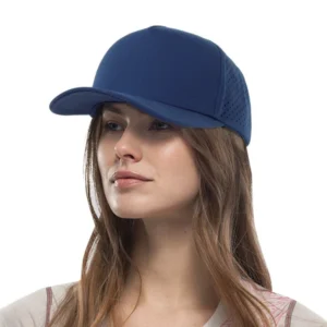 BlankifyCraft sublimation blank 6-panel baseball cap in white with laser-cut mesh side panels showing flat front panel and structured crown for custom printing