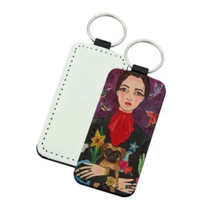 Rectangle sublimation blank PU leather keychain before and after heat transfer showing blank pendant beside finished colorful portrait art print with woman dog and butterfly design