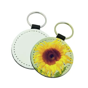 Round DIY sublimation keyring blank and finished result side by side showing white unprinted pendant beside vibrant yellow sunflower printed keychain with metal ring