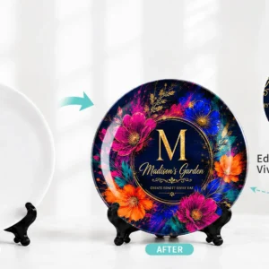 Before and after sublimation printing showing vivid edge to edge floral design on ceramic plate